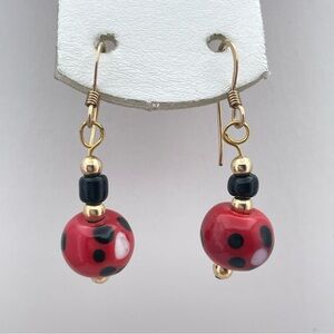 Handmade Ladybug Dangle Earrings – Red & Black Glass Beads, Gold Hooks